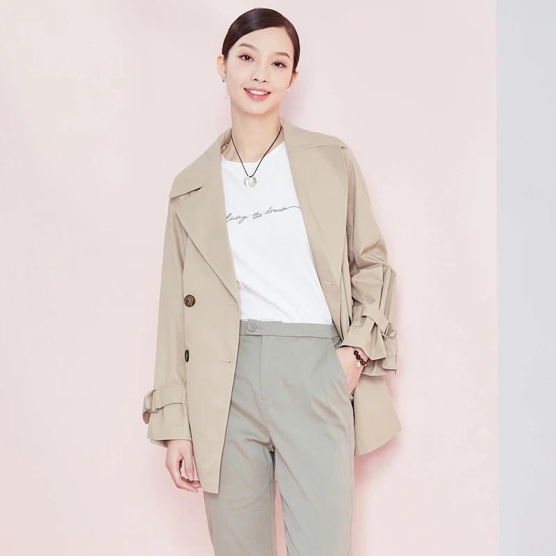 布景外套女春季简约纯色绑带双排扣翻领宽松中长款风衣BW01DM0414