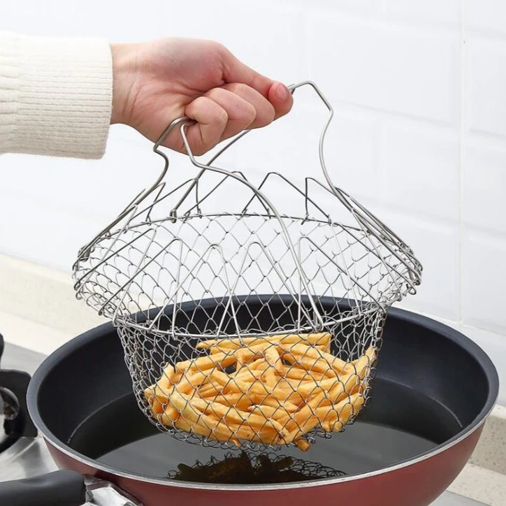 不锈钢折叠油炸篮子家用沥油 厨房洗菜油炸网篮多功能滤网漏油