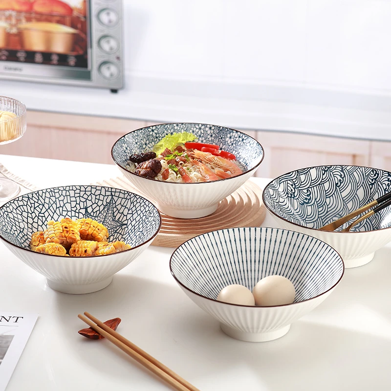 孟垣竖纹印花8英寸2/4只装手绘斗笠碗大号家用陶瓷釉下彩大汤碗