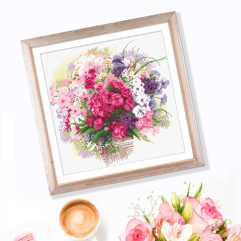 十字绣插花紫霞轻盈秋妍颜兮小格布勾边简约（14CT）39 x 38