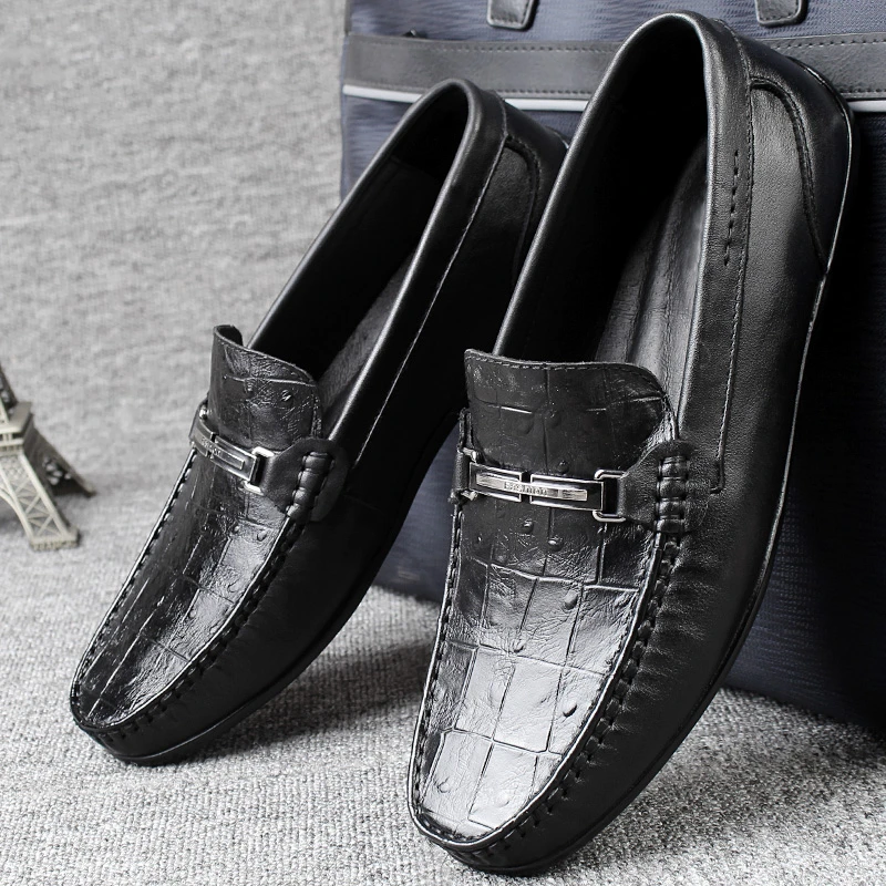 卡塞利尼2025新款豆豆鞋男真皮透气商务休闲皮鞋鸵鸟纹英伦懒人鞋