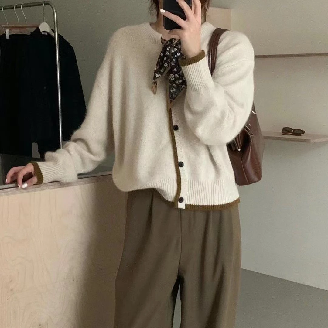 RC【圆领小碎花丝带】针织开衫女宽松外搭秋季新款女士减龄毛衣外套