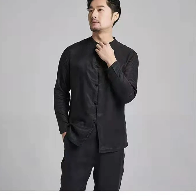 蒙鲤国风男士汉服款丝滑衬衫外套立领立领纯色上衣中国风中式服装