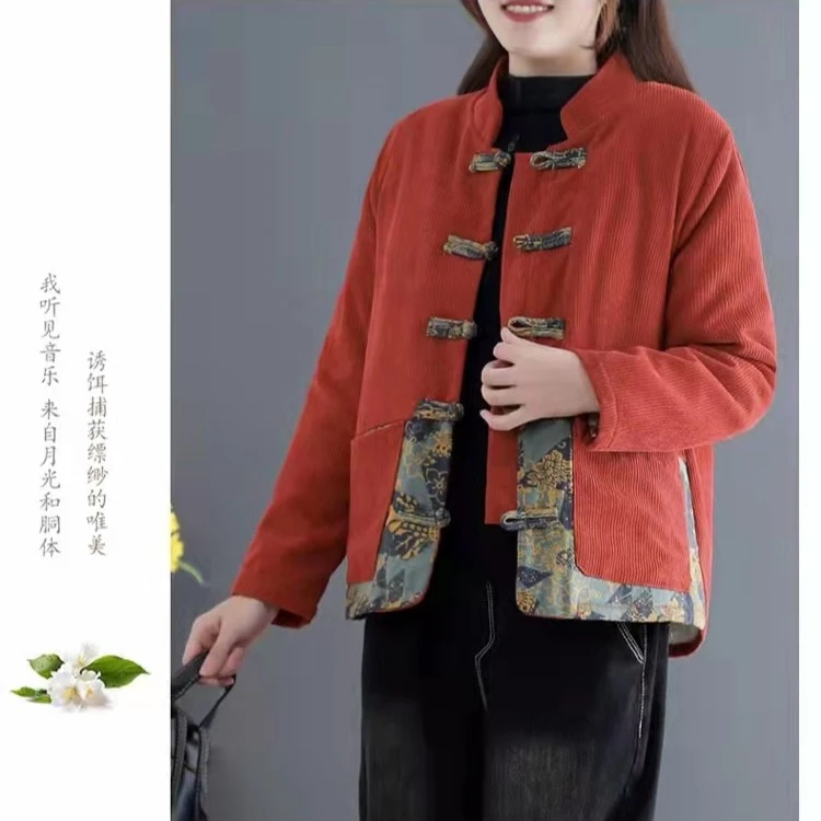 中式文艺复古加绒加厚棉衣外套中年女士休闲棉袄