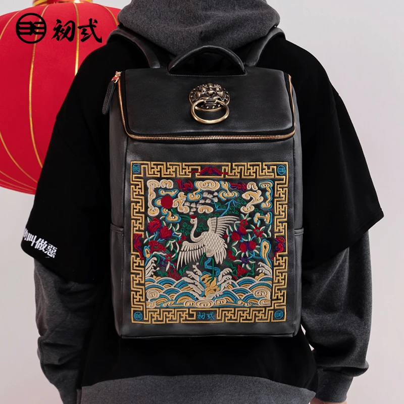 初弎官服刺绣 中国风潮牌双肩包男学生女书包街头休闲潮流背包