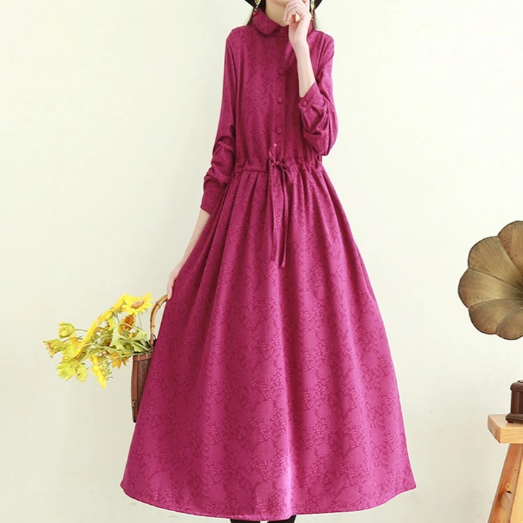 素兮》23170时尚复古加绒加厚收腰长款显瘦气质连衣裙