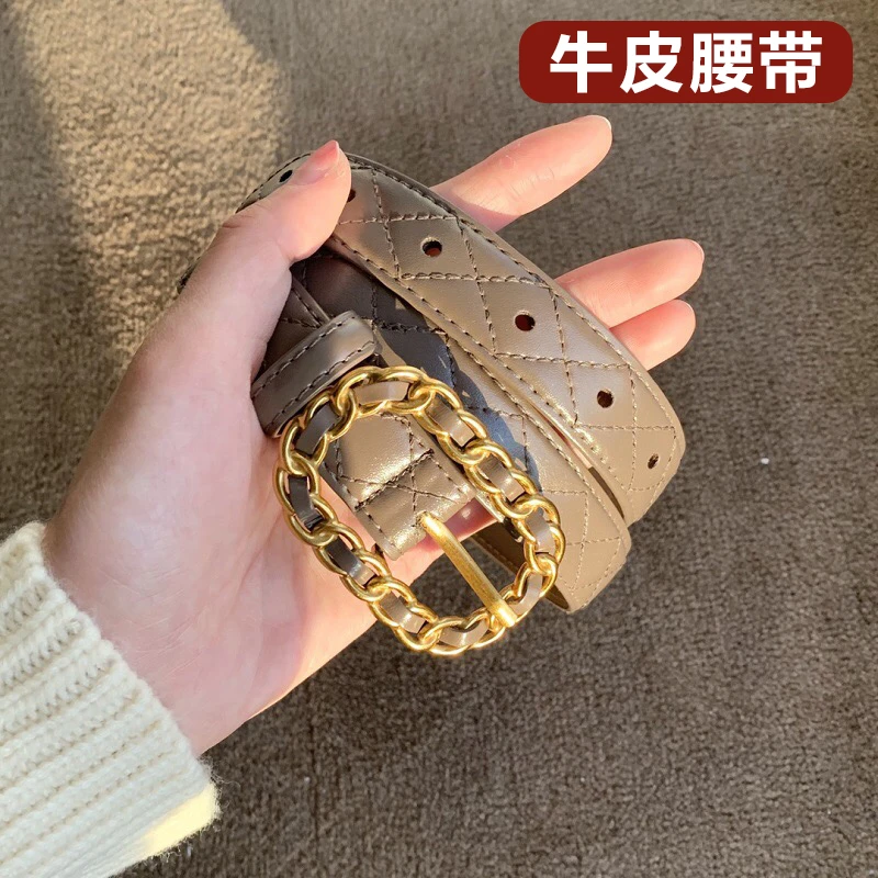 复古小香风菱格真皮小皮带搭配牛仔裤百搭牛皮腰带女装饰裙子束腰