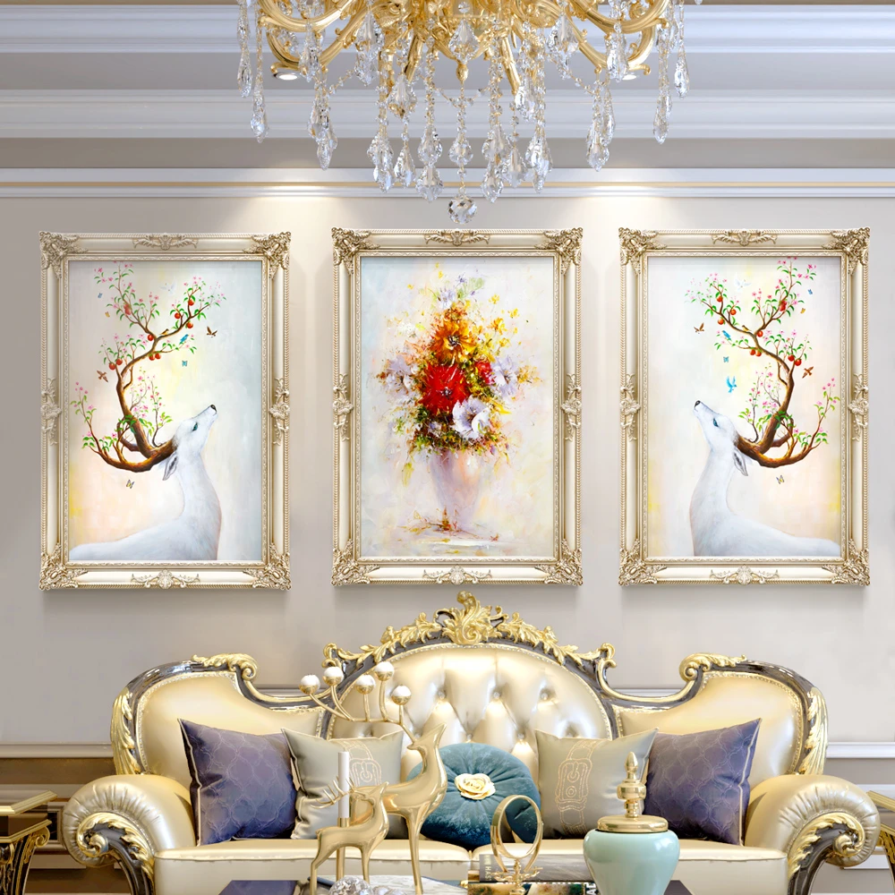 璇美客厅装饰画三联沙发背景墙油画花卉麋鹿简欧艺术画轻奢壁画
