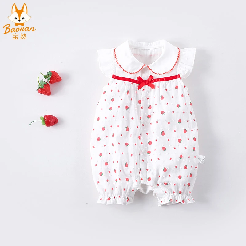 宝然婴儿衣服连体衣薄款女宝宝满月服公主哈衣爬服单层纱布纯棉夏