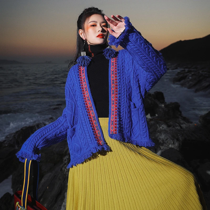 【双12同价-山茶花-现货】杨丽萍雀云裳民族风复古针织织带毛衣外套