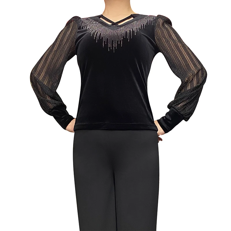2239艺尚舞新款女秋冬烫钻打底衫蕾丝拼接拉丁舞上衣时尚长袖舞服