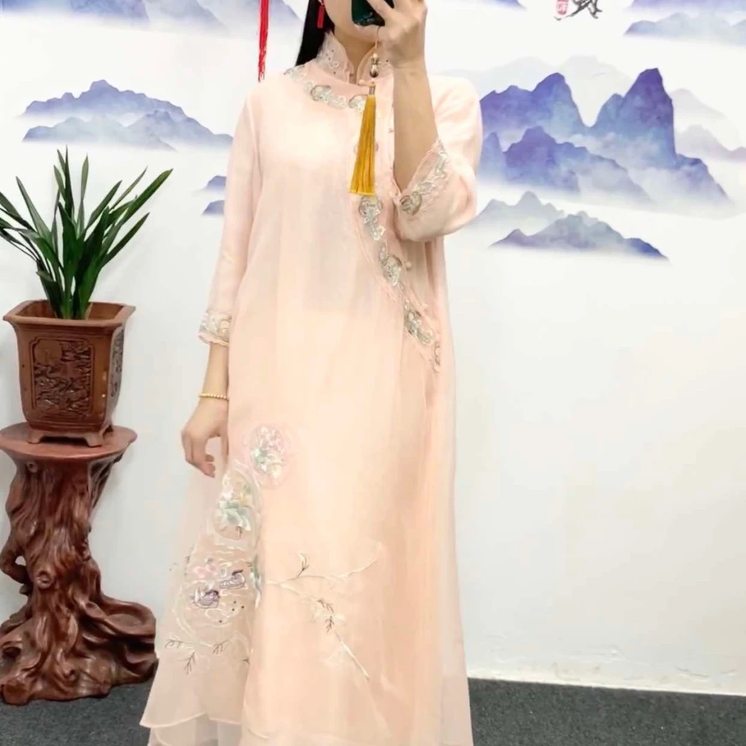 花好月圆/国风新中式手工苏绣复古改良旗袍中长款连衣裙茶服女装