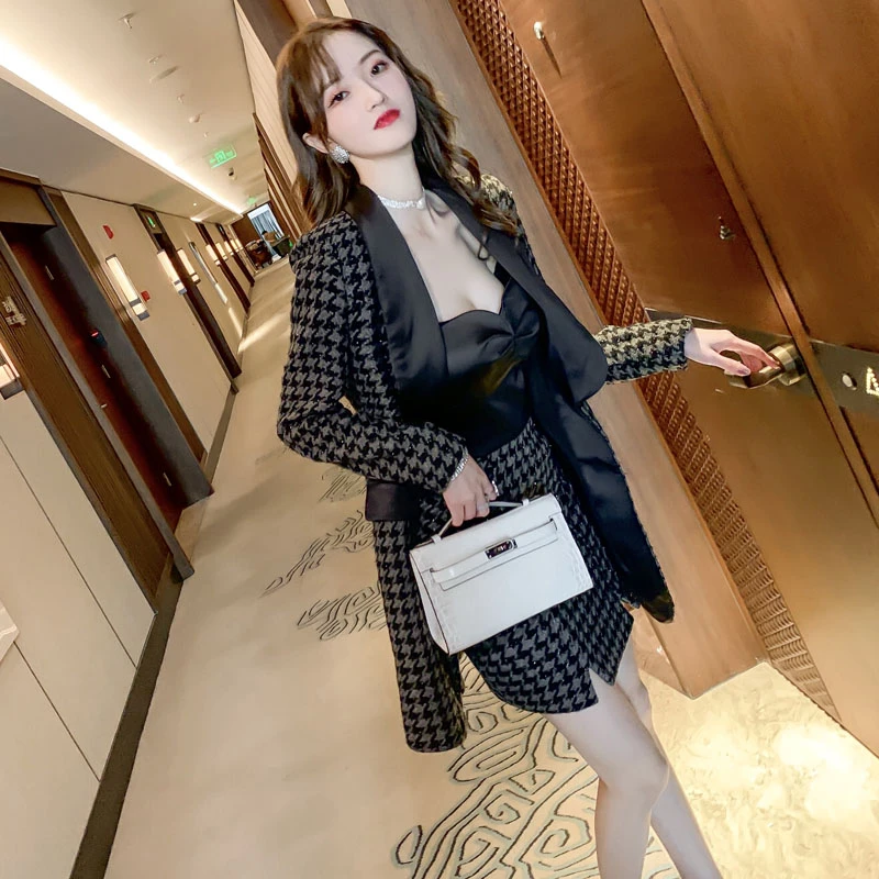 4451千鸟格西装外套女修身职业套装气质休闲两件套吊带连衣裙