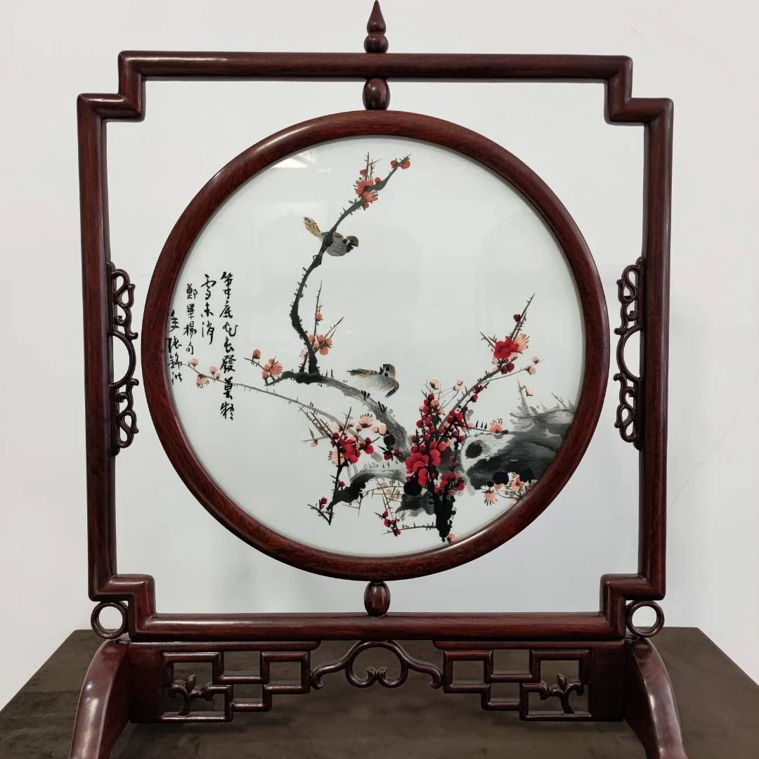 30cm圆内芯精工苏绣双面绣缅花框架台屏