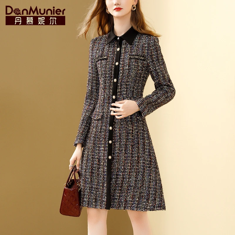 冬季气质小香风格子毛呢外套粗花呢格子修身裙女毛呢外套