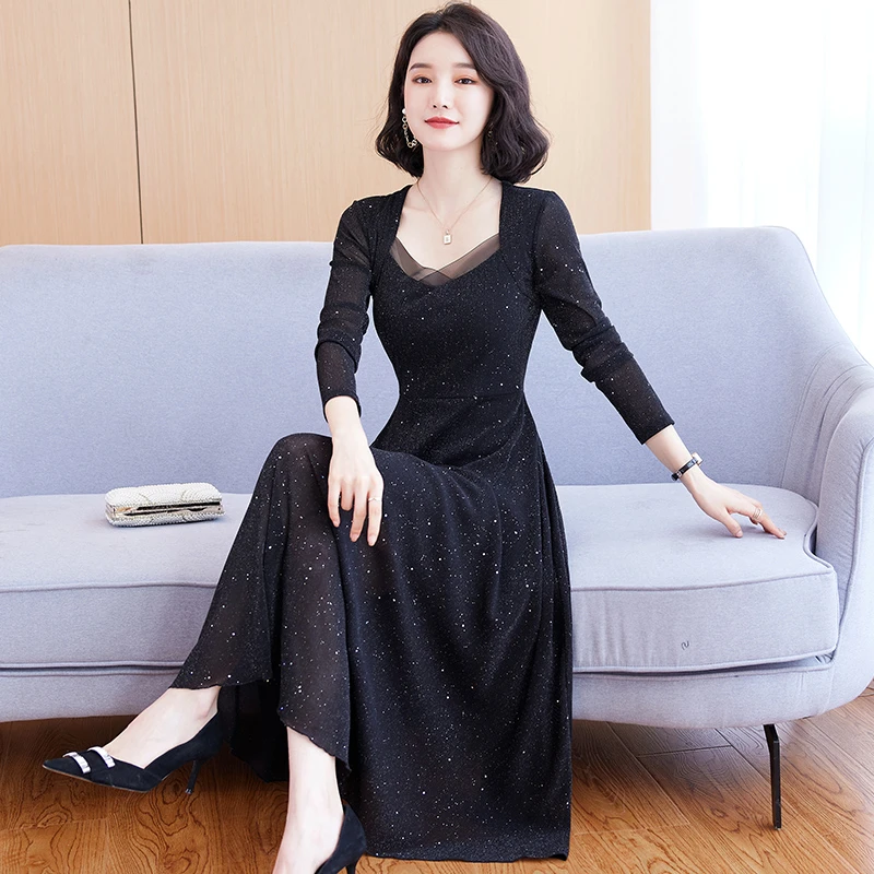 春装网纱连衣裙女长袖2025新款春秋长款显瘦时尚气质长款印花裙子