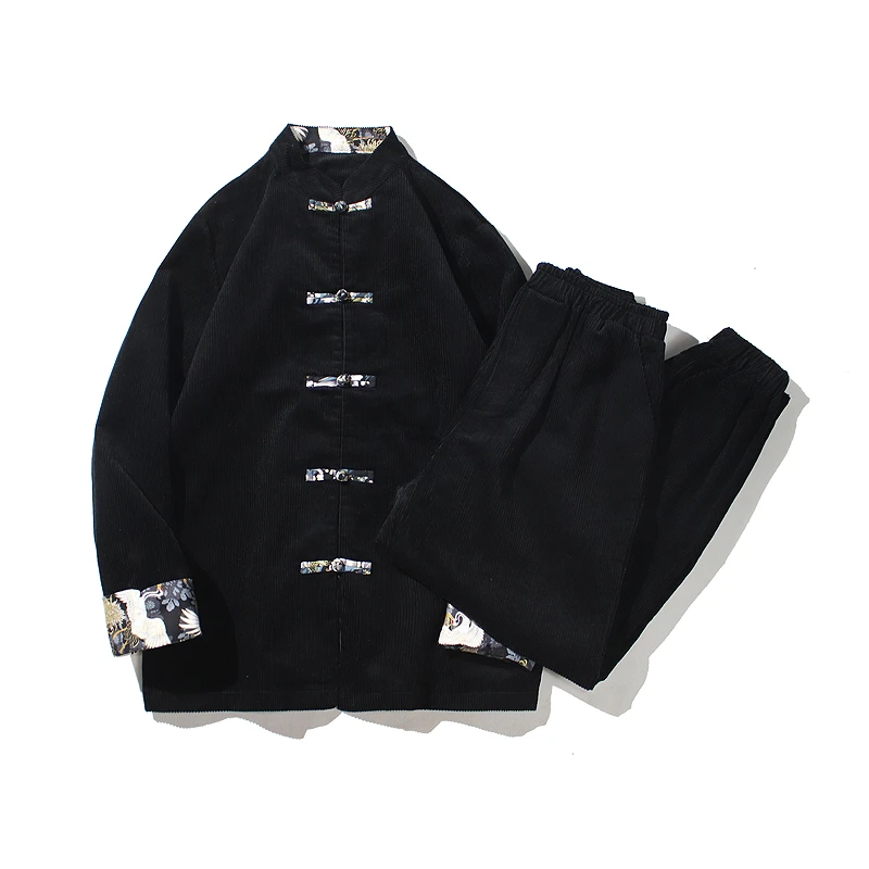 秋冬季灯芯绒套装男士唐装夹克裤子两件套中国风男装TZ338