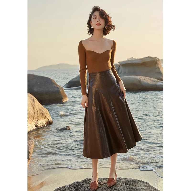 Mix Selection | 法式中长伞摆皮裙高腰显瘦A字裙PU半裙AW21Q115