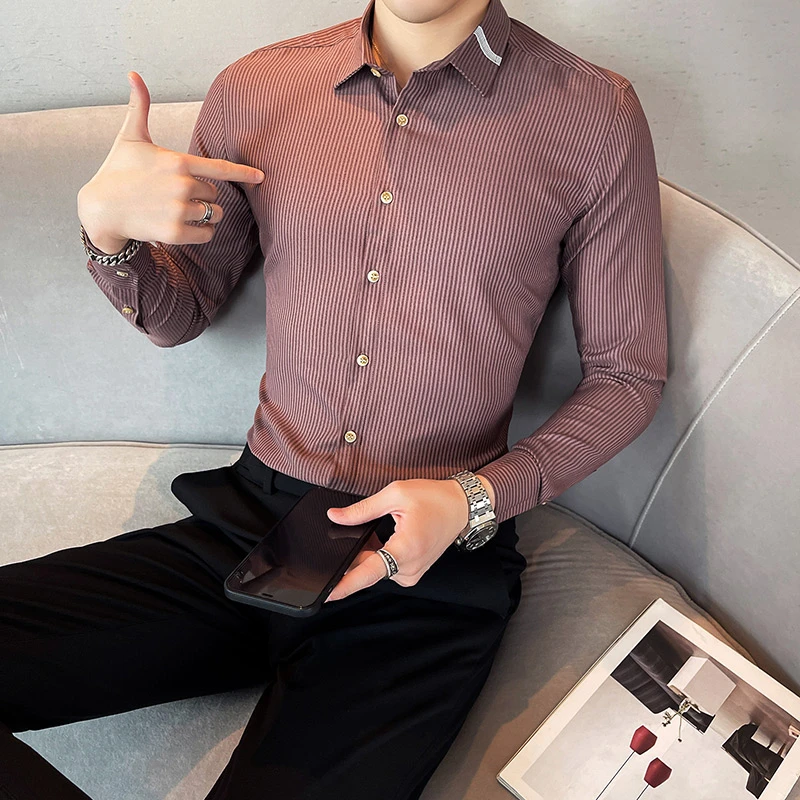 新款细条纹男衬衫修身长袖衬衫韩版黑色衬衣青年潮流英伦免烫商务
