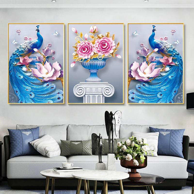 DC/蒂彩【华丽富贵】蓝孔雀精美时尚客厅沙发点钻清晰十字绣钻石画