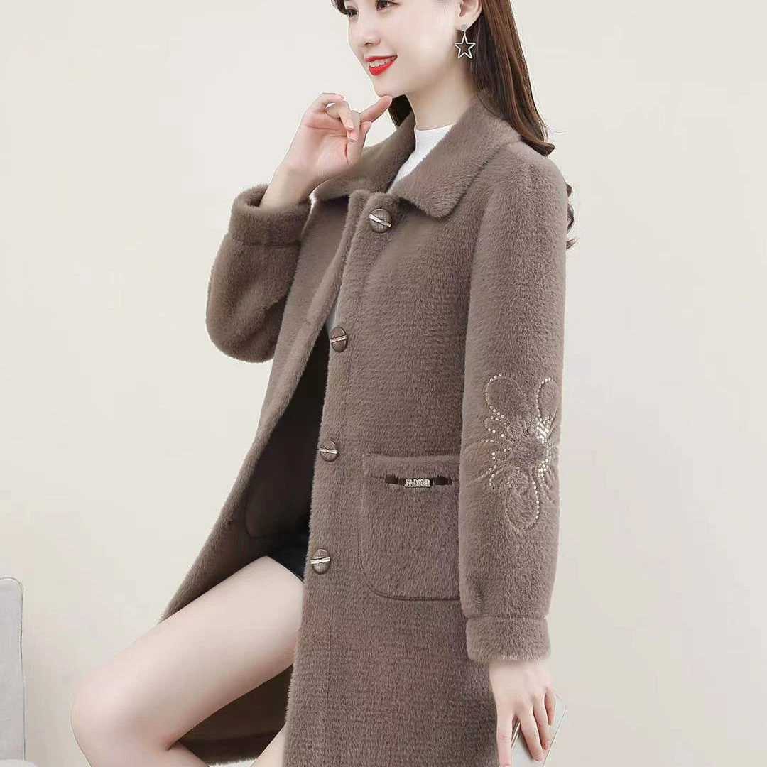 【高档】妈妈冬装皮毛一体中长款仿水貂绒中年女外套40岁50