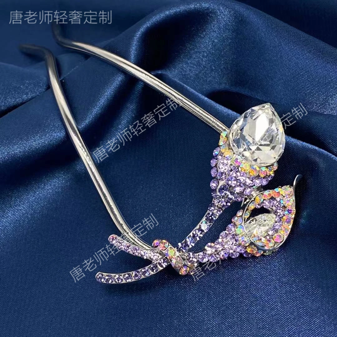 R258 锌合金玻璃发饰 唐老师定制捷克钻马蹄莲U型发簪盘发发叉