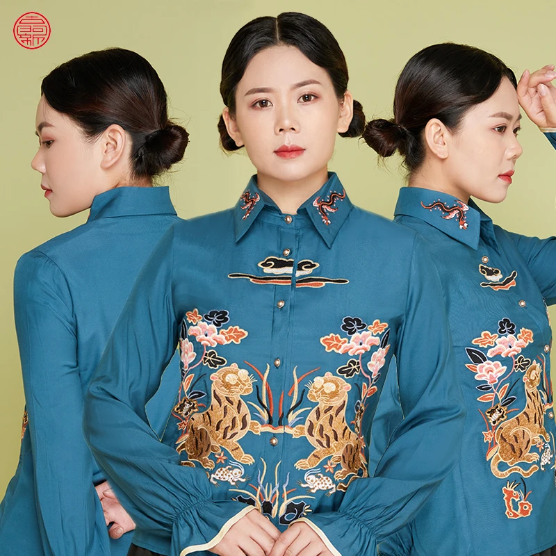 【古阿新】原创中国风刺绣国潮时尚修身喇叭袖百搭复古女春装衬衣