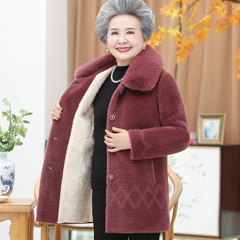 奶奶冬装加绒保暖大衣60岁70气质老太太加厚上衣妈妈装仿貂绒外套