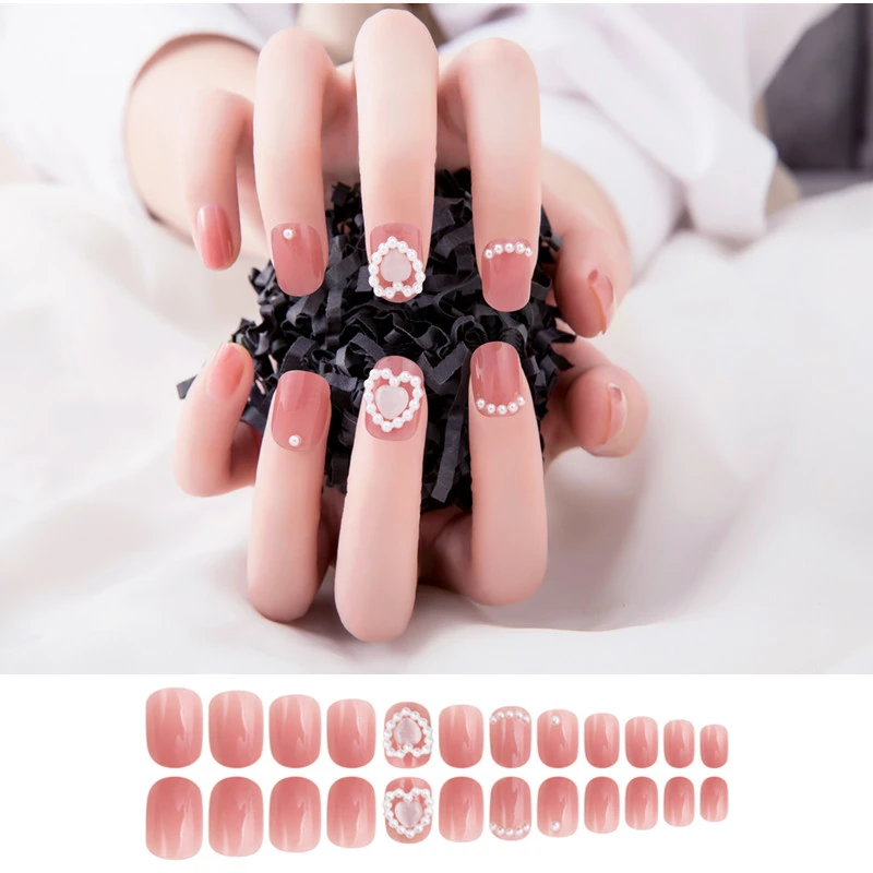 【短款】果冻透粉爱心珍珠可反复穿戴美甲可重复使用送工具包胶贴