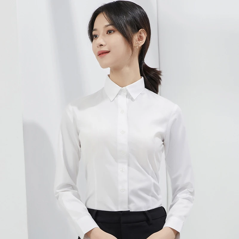 【丝光纯棉】方领白色衬衫女长袖职业修身商务正装工作服通勤ol衬衣