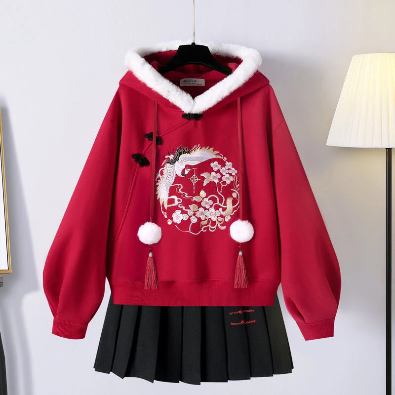 女童冬季套装中大童女拜年服连帽卫衣百褶半身裙两件套中国风套