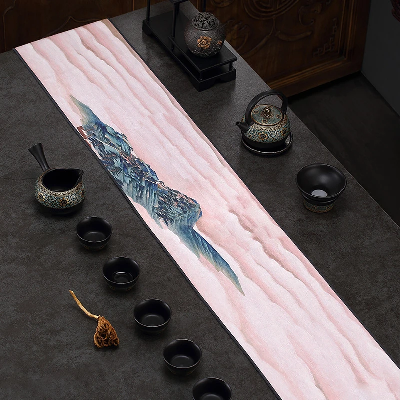 彩绘茶席桌旗套装中式吸水茶桌布棉麻茶台配件抹布日式禅意复古