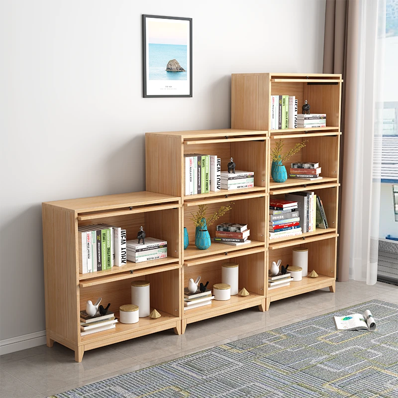 简约实木松木翻门玻璃书架简易储物柜客厅办公书柜家用带门置物柜