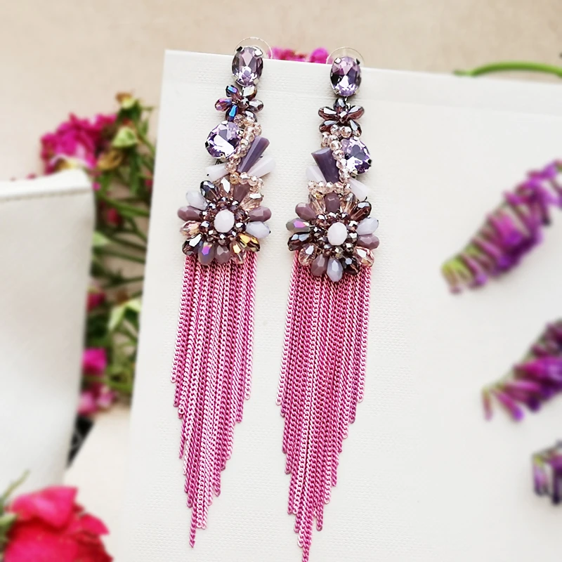 铜合金玻璃耳饰 民族风长款流苏手工耳环2669