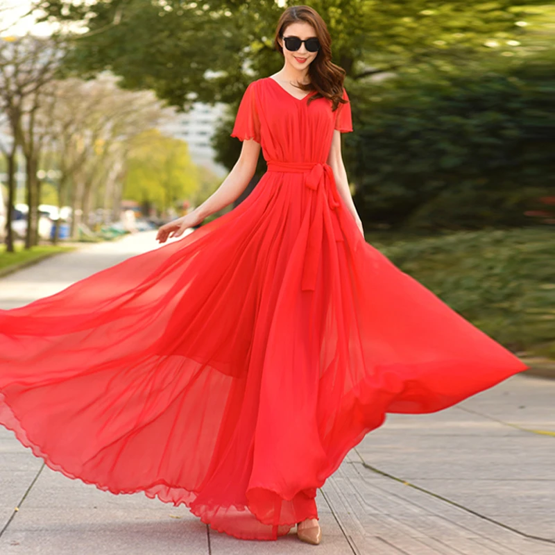 旅游拍照红色沙漠长裙超长款大摆雪纺连衣裙大码海边度假沙滩裙仙