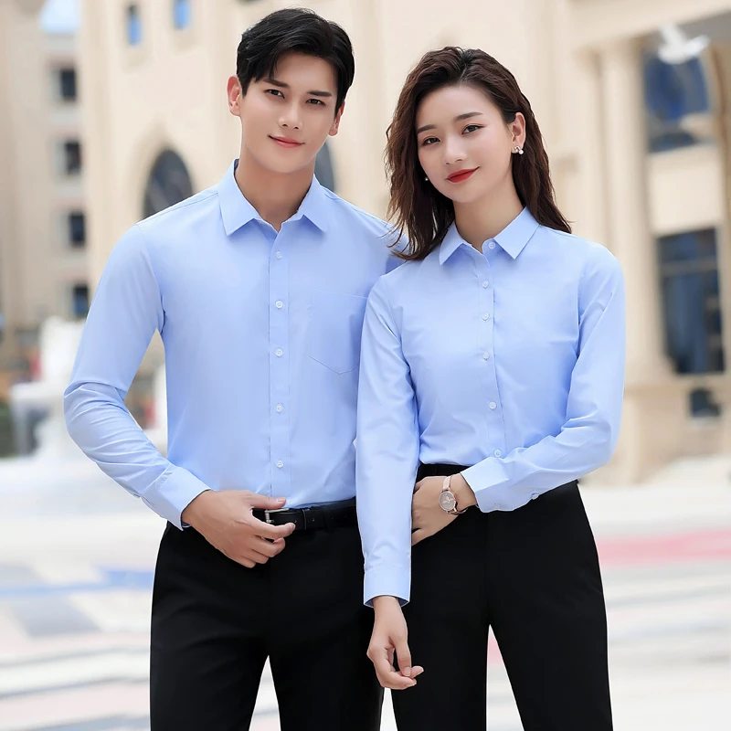 男女同款职业衬衣套装工装浅蓝色长袖衬衫工作服女-528男士正装