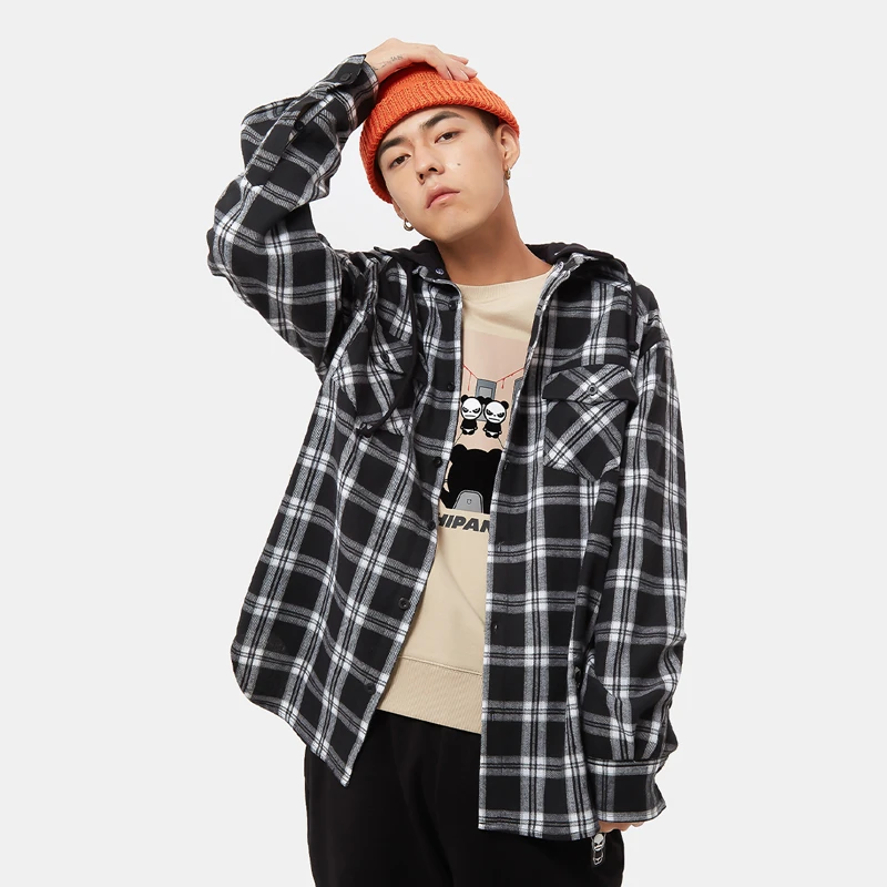 HiPanda你好熊猫  百搭格纹后背刺绣字母连帽长袖衬衫  男女同款