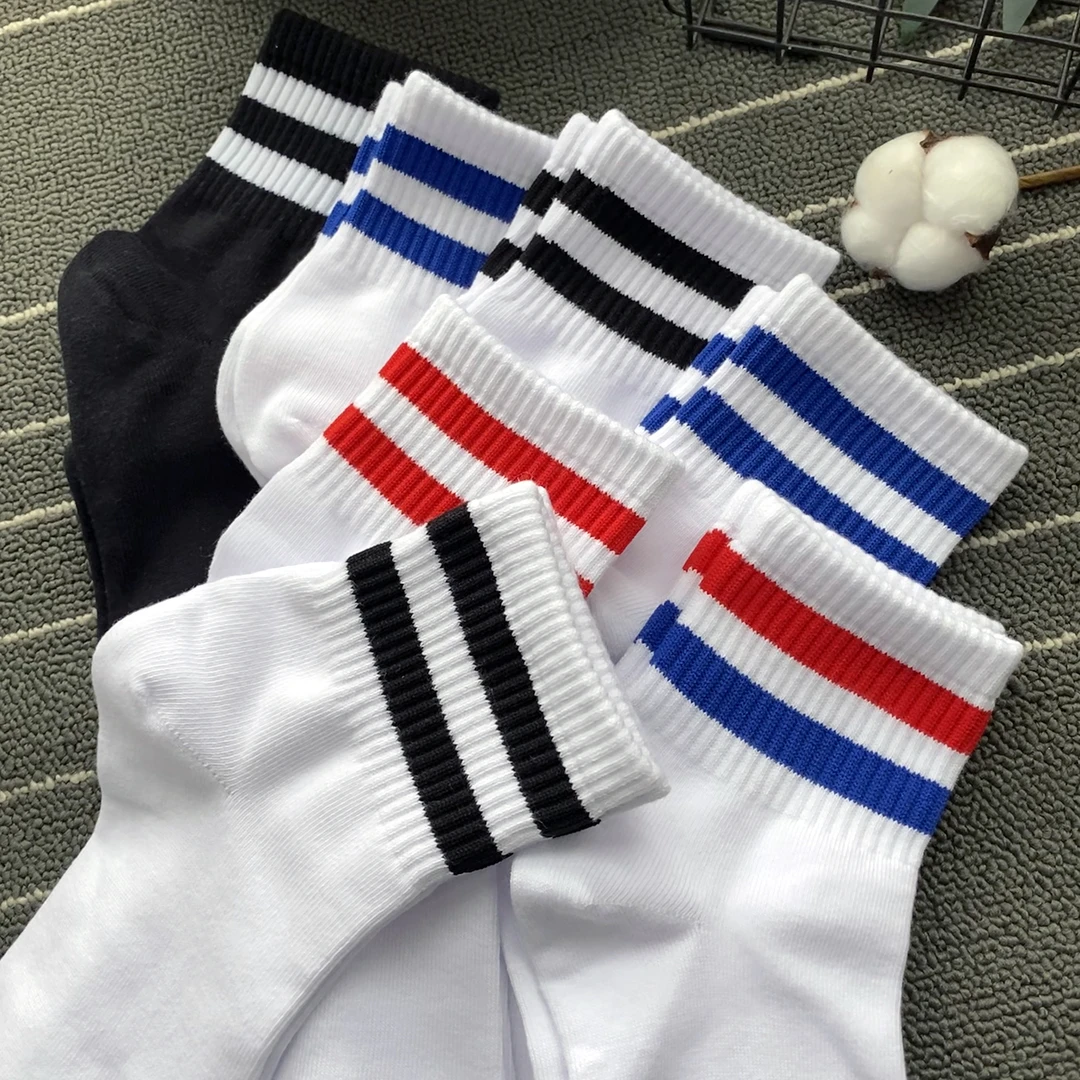 佐印棉品5双四季条纹男士中筒百搭黑白袜子潮流舒适透气运动袜ins