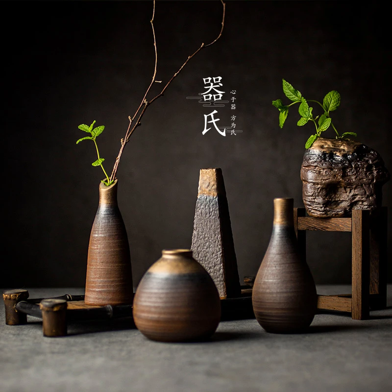 器氏 粗陶手工花瓶 日式创意禅意小花器落地摆件家居复古干花插