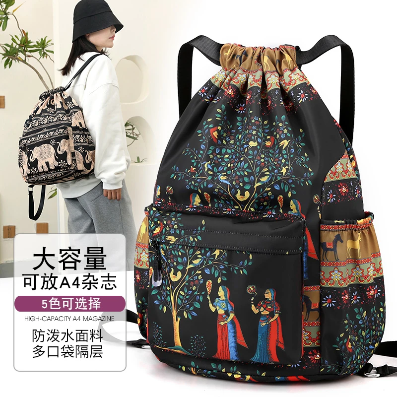 时尚百搭轻便束口袋双肩包防水尼龙牛津布抽绳背包印花旅行包2207