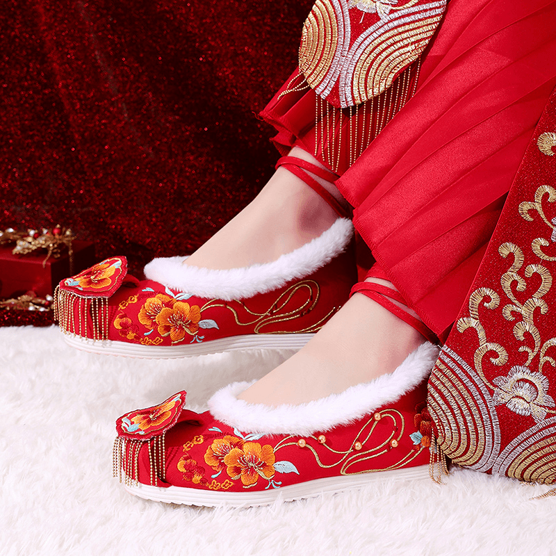 花开锦绣中式婚鞋古风原创秀禾新娘鞋串珠流苏汉服鞋红色绣花鞋子