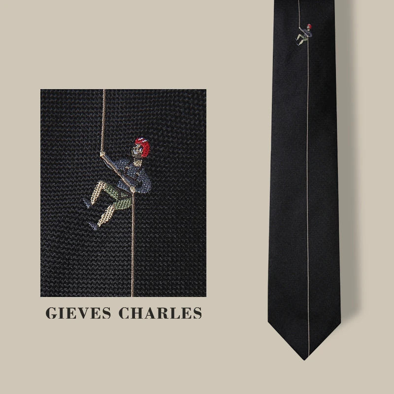 GIEVES CHARLES意大利风格桑蚕丝刺绣男士潮流黑色领带男商务休闲