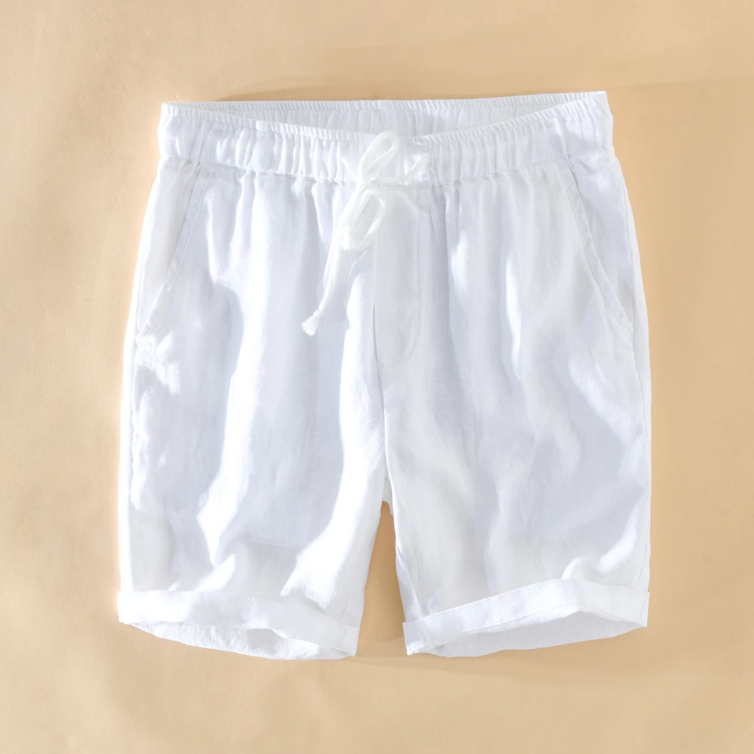 清新松紧腰直筒亚麻休闲短裤男士夏季抽绳沙滩宽松薄款