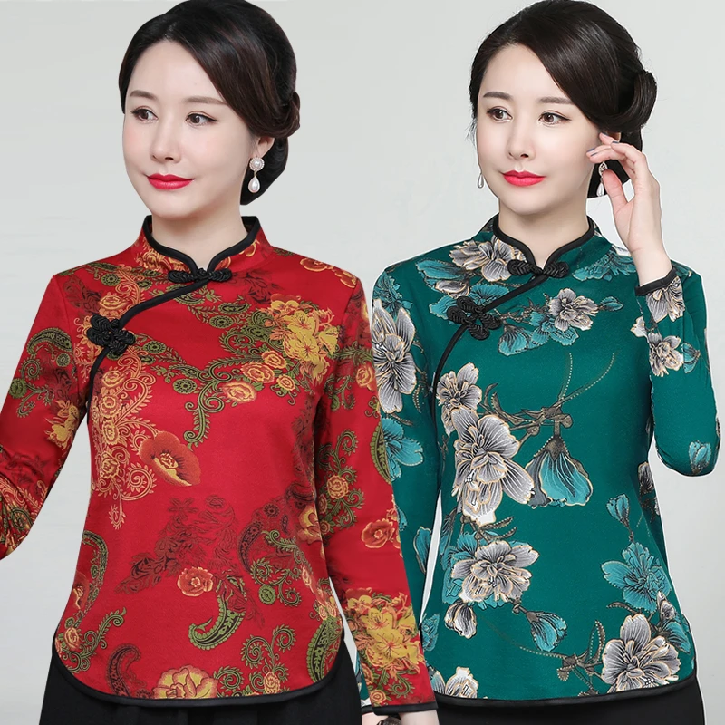 8015款中老年妈妈装长袖弹力旗袍小上衣4色5码打底衫旗袍领上衣女