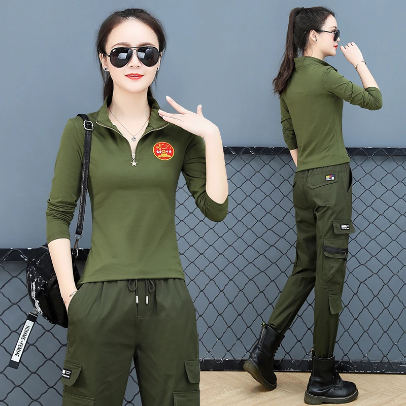 早秋军绿色工装套装女长袖迷彩服休闲春秋工装裤水兵舞服装两件套
