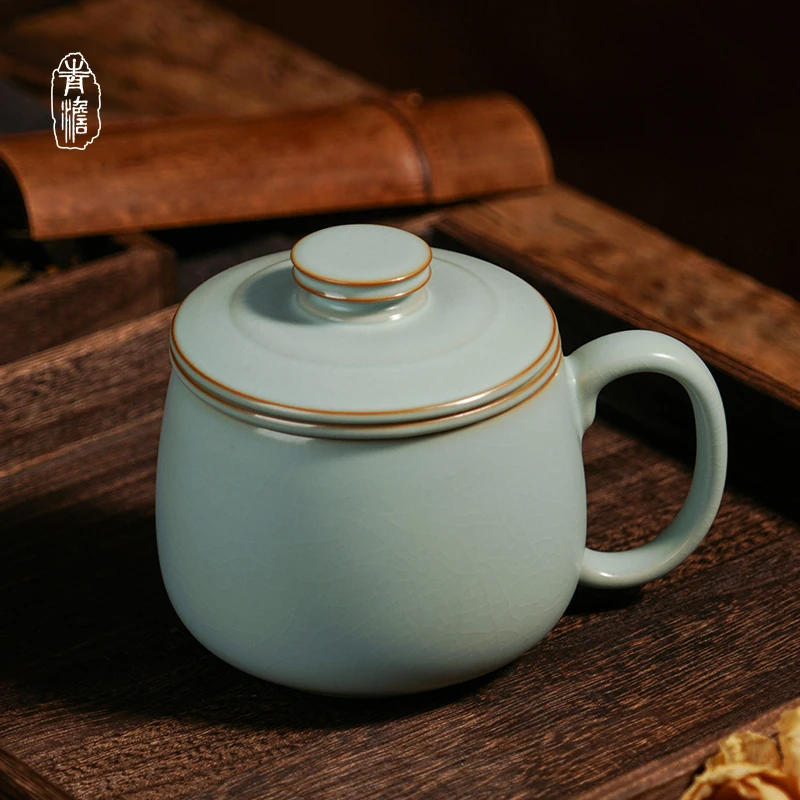 汝窑玉环杯带盖大容量景德镇办公杯泡茶水杯过滤茶杯青瓷仿古杯子