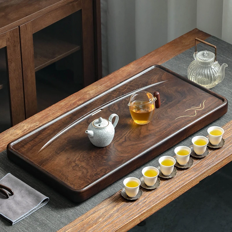 整块黑檀木搭配现代中式茶盘家用大小号排水客厅茶海实木