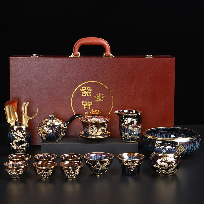 高档金镶玉茶具套装天目釉窑变整套茶壶茶道茶杯手工泡茶器礼盒