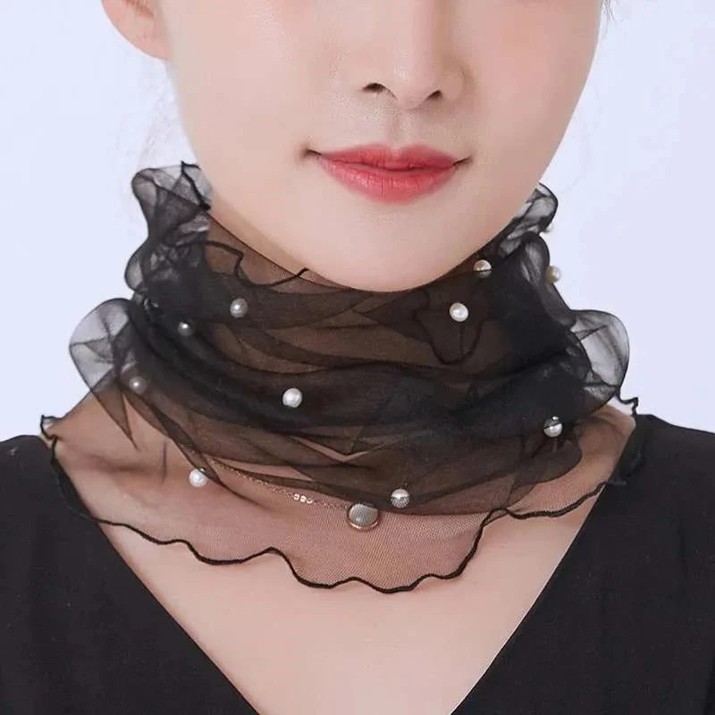 韩版假领子冬季蕾丝钉珠丝巾小方巾假领围脖套头护颈椎脖套薄款女