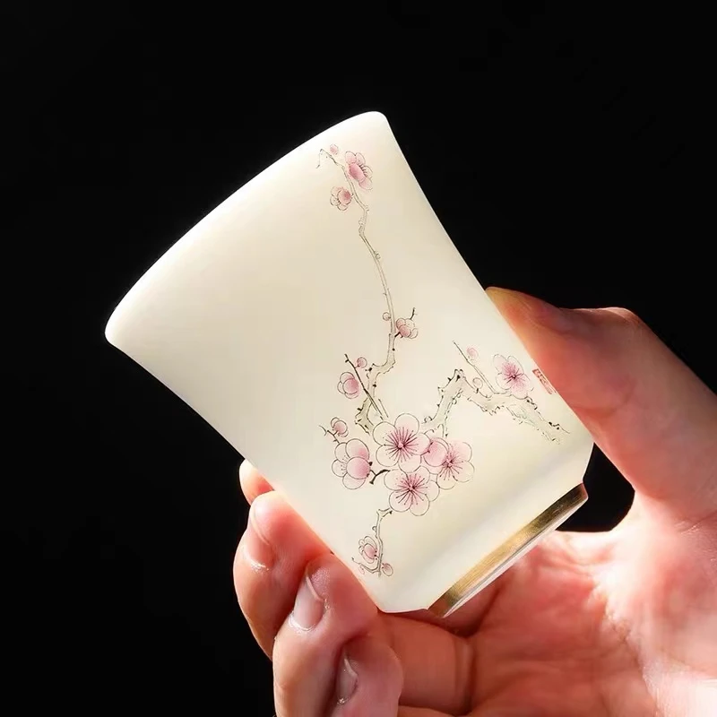 联谊梅兰竹菊素烧大号手工茶杯套装羊脂白瓷陶瓷品茗闻香杯茶具